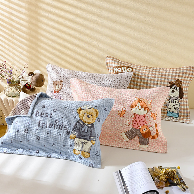 a类纯棉纱布枕巾柔软透气吸汗可爱枕头巾成人家用四季款卡通盖巾