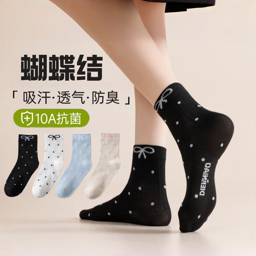 蝴蝶结波点女中筒袜吸汗透气长袜
