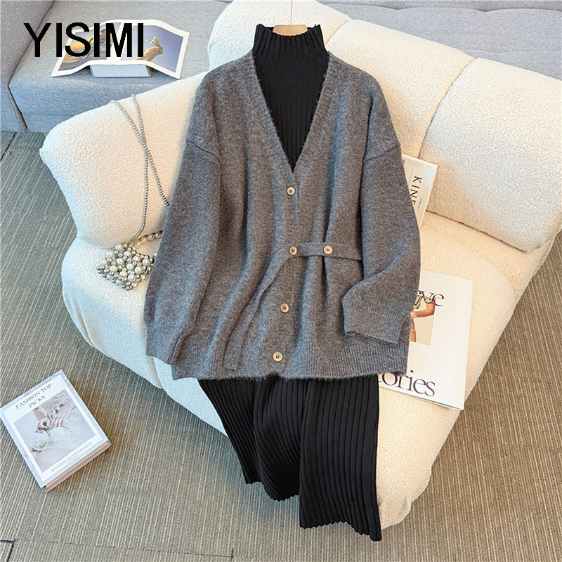 中老年胖妈妈秋冬针织连衣裙套装