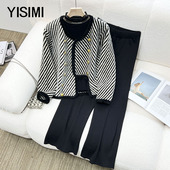 套装 外套三件套宽松阔腿裤 女 小香风针织长袖 中老年胖妈妈春秋新款