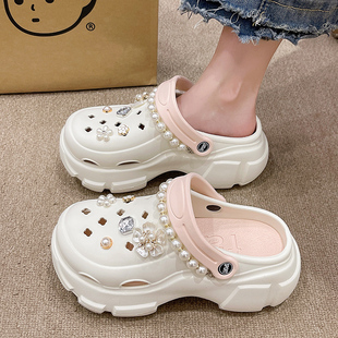 日本代购 厚底珍珠花洞洞鞋 女夏季 外穿增高防滑防臭海边沙滩凉拖鞋