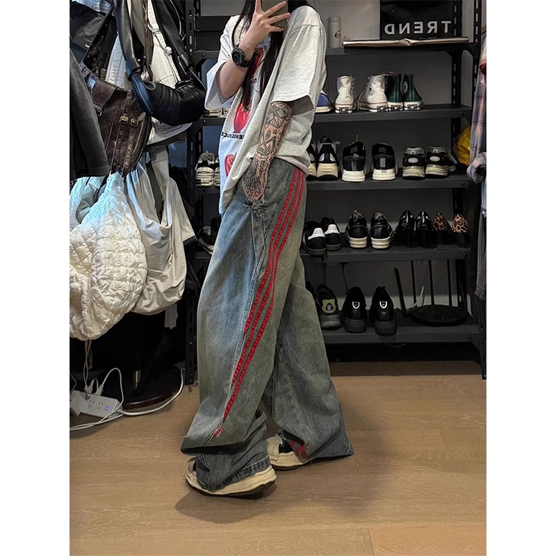 美式高街条纹牛仔裤hiphop裤子
