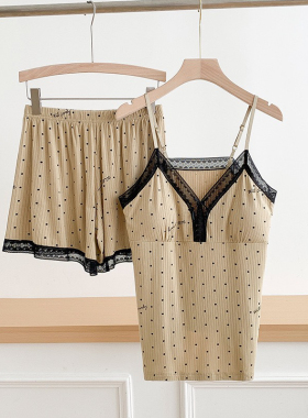 吊带睡衣套装春夏家居服女带胸垫无袖短裤女士居家睡衣两件套外贸