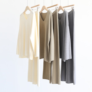 女 套装 秋冬时髦row范随性慵懒V领宽松长袖 淘汰上衣高腰针织阔腿裤