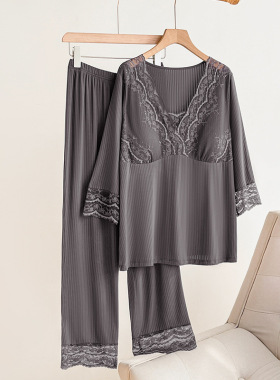 时尚休闲女士睡衣套装 V领套头带胸七分袖长裤家居服可外穿