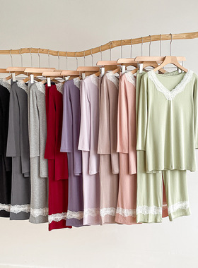 新款睡衣套装女秋季高级纯欲蕾丝花边七分袖长裤女士家居服两件套