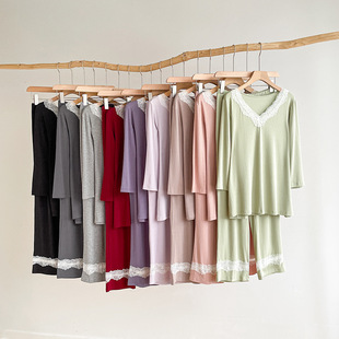 新款睡衣套装女秋季高级纯欲蕾丝花边七分袖长裤女士家居服两件套