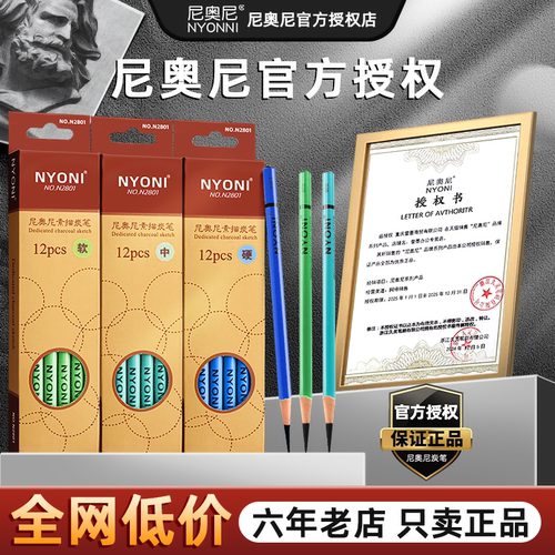 nyoni尼奥尼炭笔碳笔套装美术生专用软碳素描笔绘画软碳笔铅笔碳铅速写笔中碳软中硬联考软炭碳素官方店2801