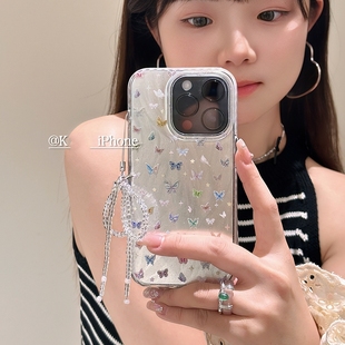 油画彩色蝴蝶适用iPhone15pro苹果15promax手机壳13手链12mini高级感11双层X挂坠XR 678PLUS 14plus防摔SE