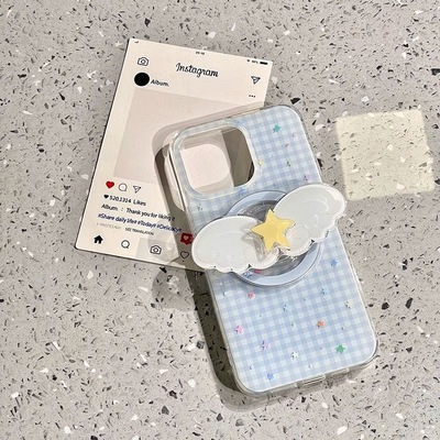 磁吸星星翅膀格纹带支架适用苹果16Promax手机壳15/16plus/iPhone13/12pro卡通14pro/XR可爱87plus/16E/11pro