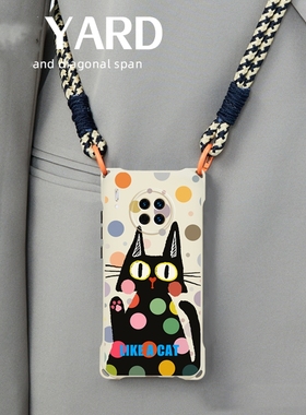 个性黑猫适用荣耀200/300挂绳90pro手机壳80挂脖背带70/60se/play8Tpro/X50i+腕带手提X40/x30/X9B畅玩20pro