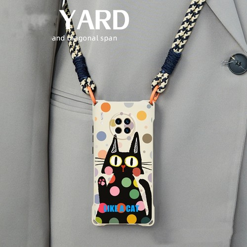 个性黑猫适用荣耀200/300挂绳90pro手机壳80挂脖背带70/60se/play8Tpro/X50i+腕带手提X40/x30/X9B畅玩20pro