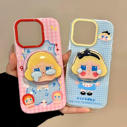 粉蓝格纹哭娃带磁吸适用A5/OPPO Reno14/13F/12/15/10手机壳findX9/x8/X7ultra可爱A93/A3pro新款K12/A2x/A58