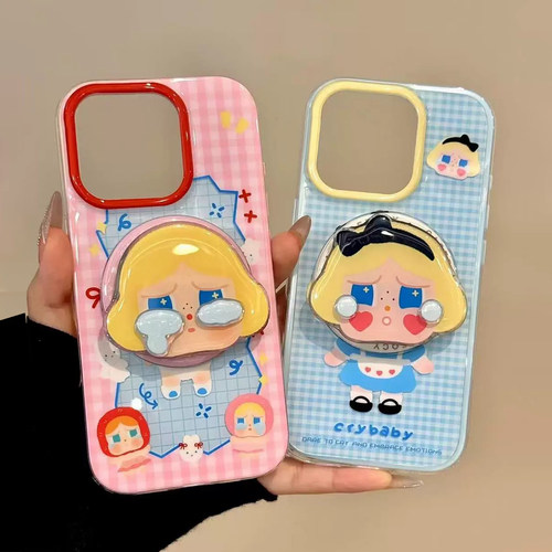 粉蓝格纹哭娃带磁吸适用A5/OPPO Reno14/13F/12/15/10手机壳findX9/x8/X7ultra可爱A93/A3pro新款K12/A2x/A58