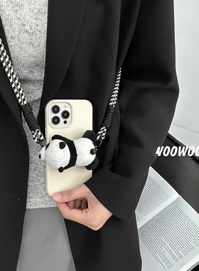 可爱熊猫毛绒玩偶公仔手机背夹适用华为nova11手机壳12秋冬mate60畅享60x斜挎p60/30/50液态38654E/p40麦芒9