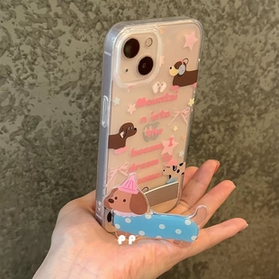 香肠狗狗折叠支架适用S21FE三星S24 ultra手机壳A55/Note20可爱A22 5G/A53/A73透明S10/s20/S23/21+S9/S8/A24