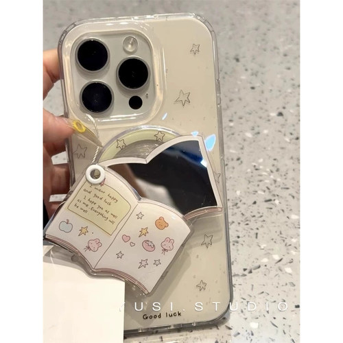 翻盖书本镜子磁吸支架适用苹果16Pro手机壳15/16plus创意iPhone13/12promax星星14pro/XR大孔87plus/16E/11
