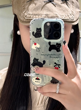 薄荷绿镭射樱桃黑猫咪适用iPhone15pro苹果15promax手机壳13/12mini高级11双层X可爱XR/14plus创意SE/678PLUS