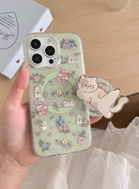 绿底花朵小猫磁吸支架适用A3X/OPPO FindX8/X9ultra/Reno15C/14/12/11F/10手机壳A79小清新A6pro/K13/A5m/A6S