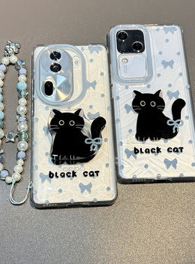 黑色猫咪支架适用oppo realme GT6/GTneo6se/523/GT2大师手机壳V50/V20真我12/11/10/9pro带链条Q5i可爱Q3pro