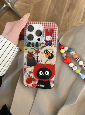 复古格纹小黑猫A58X适用oppo findx7/x5/A2/A3pro/reno11/10/87956+手机壳A35带链条a57/K12硅胶A96/A93S/r17