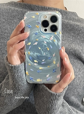 晕染蓝可爱小鱼群旋涡纹适用华为荣耀200/100PRO手机壳90渐变X50/70创意80女50SE/X40镭射X9B大孔艺术X9A大孔