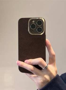 ins复古咖啡棕适用小米17/13T手机壳K50红米note11气质12X金属镜圈K60至尊Note13pro+civi3/2/K70/11/K30皮质