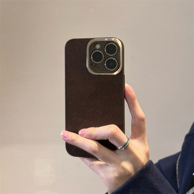 ins复古咖啡棕适用vivoiQOO11S/10/9/12pro手机壳neo7se金属镜圈neo3/neo8/z8x简约U1X皮质U5e/z5/Z1软壳保护
