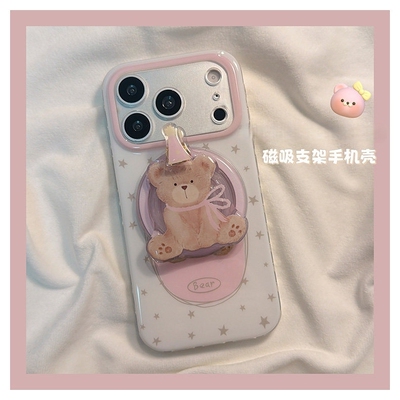 旋转粉帽小熊磁吸支架适用传音HOT40手机壳15pro红魔11pro+nfinx Smart8硅胶hone3Apro华硕ZenFone9可爱趣味