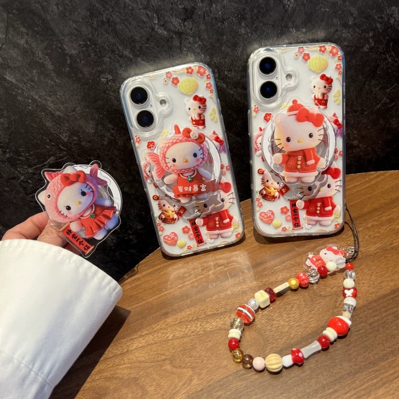 圣诞锦鲤凯蒂猫磁吸支架适用oppo findx8/X7Ultra手机壳reno13/12/11/9854pro链条A2/A3pro/7SE/A78软A57/A93