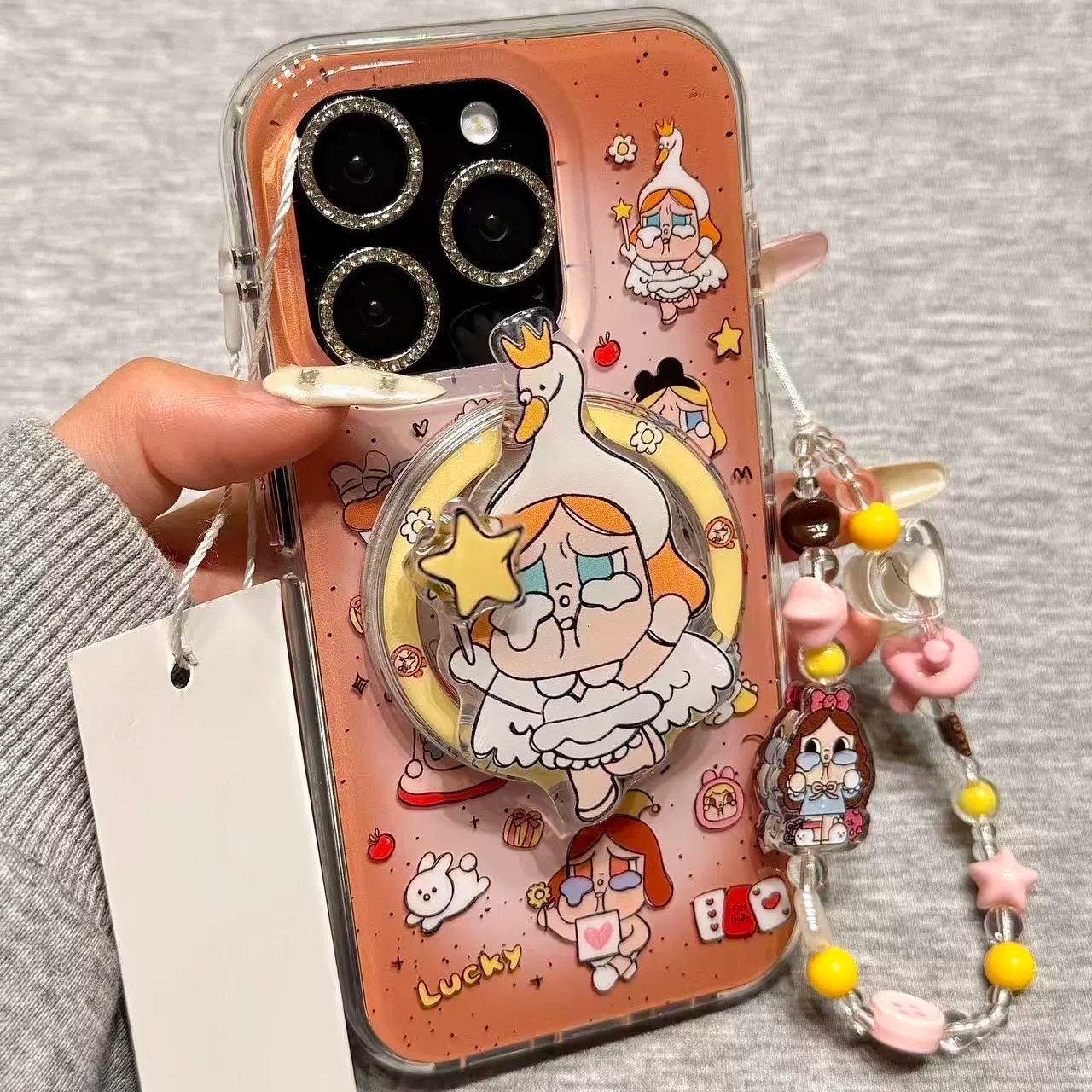 小天鹅哭泣女孩磁吸支架适用小米15T/14/13TPRO/NOTE14手机壳pocox7软X3GT/F6/F5红米15R/14/C75链条85/M7pro