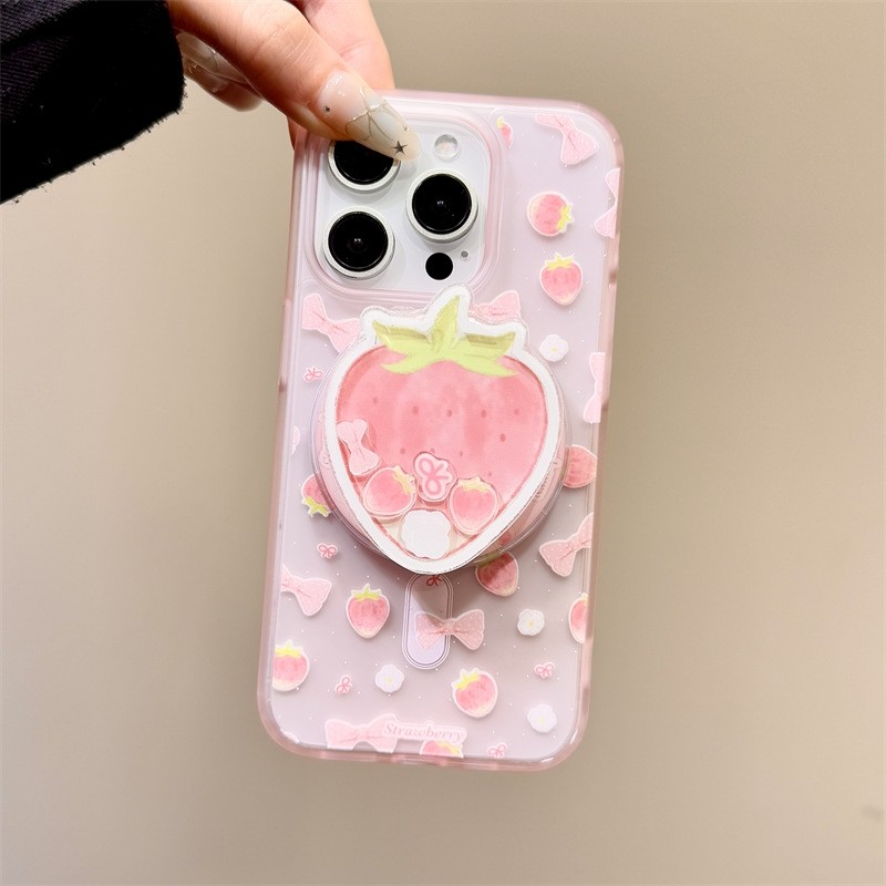 粉色草莓摇摇乐磁吸支架适用小米14T/13T PRO海外版NOTE11s手机壳poco X7pro/X6/F5红米13C/14C春季13R/12/M6