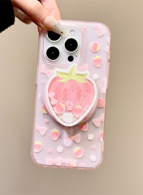 粉色草莓摇摇乐磁吸支架适用小米14T/13T PRO海外版NOTE11s手机壳poco X7pro/X6/F5红米13C/14C春季13R/12/M6
