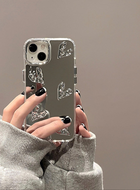 补妆镜面立体爱心适用15pro创意iphone14苹果13promax手机壳12甜美8女76plus银色SE32高级11硅胶XR新款14plus