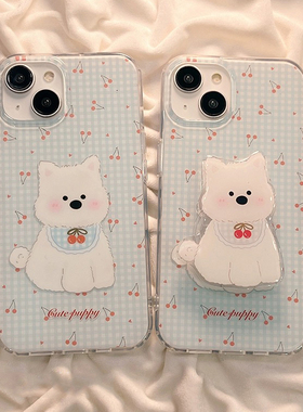 蓝格纹樱桃小狗支架适用oppoA3pro/reno11/k12/10/reno8T/79564SE手机壳findx7/x6/A32新款A58x/A57/A97女A56