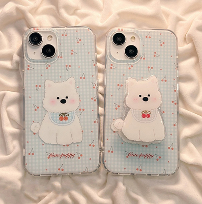 蓝格纹樱桃小狗支架适用oppoA3pro/reno11/k12/10/reno8T/79564SE手机壳findx7/x6/A32新款A58x/A57/A97女A56