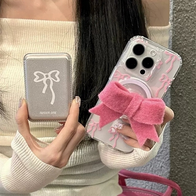 粉蝴蝶结磁吸卡包支架适用三星S23/S20fe创意Note20/S10+甜美可爱9硅胶ultra软壳S22女S23保护套S21/A54小众