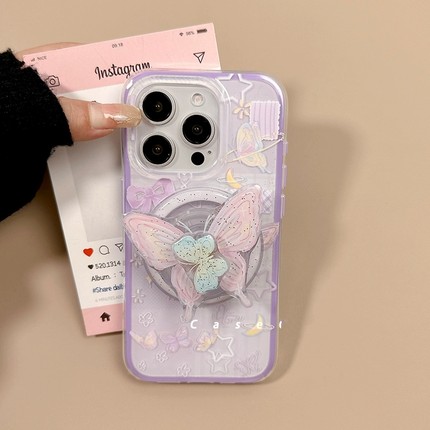 紫色星星蝴蝶旋转磁吸支架适用OPPO Reno14/13/12F/76手机壳FindX8S+X7Ultra唯美K9/A78/A57/A96/A2/A3/A5pro