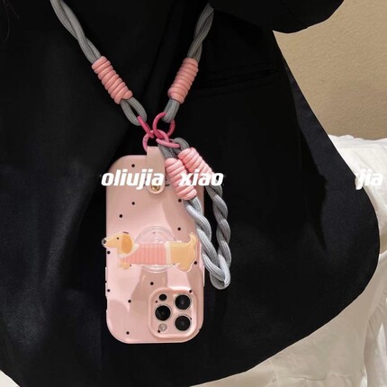 粉色腊肠狗狗支架适用小米15/13T红米K80手机壳K60至尊K70斜挎挂绳Turbo4/10/Note13/11硅胶K80/K50/civi5pro