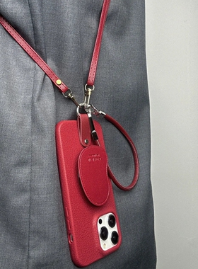 皮革支架高级酒红荔枝纹适用OPPOReno14/13/12/11手机壳Findx9/8S+/X7斜挎绳10/9Pro秋冬k13/A6/A79/77/A5pro