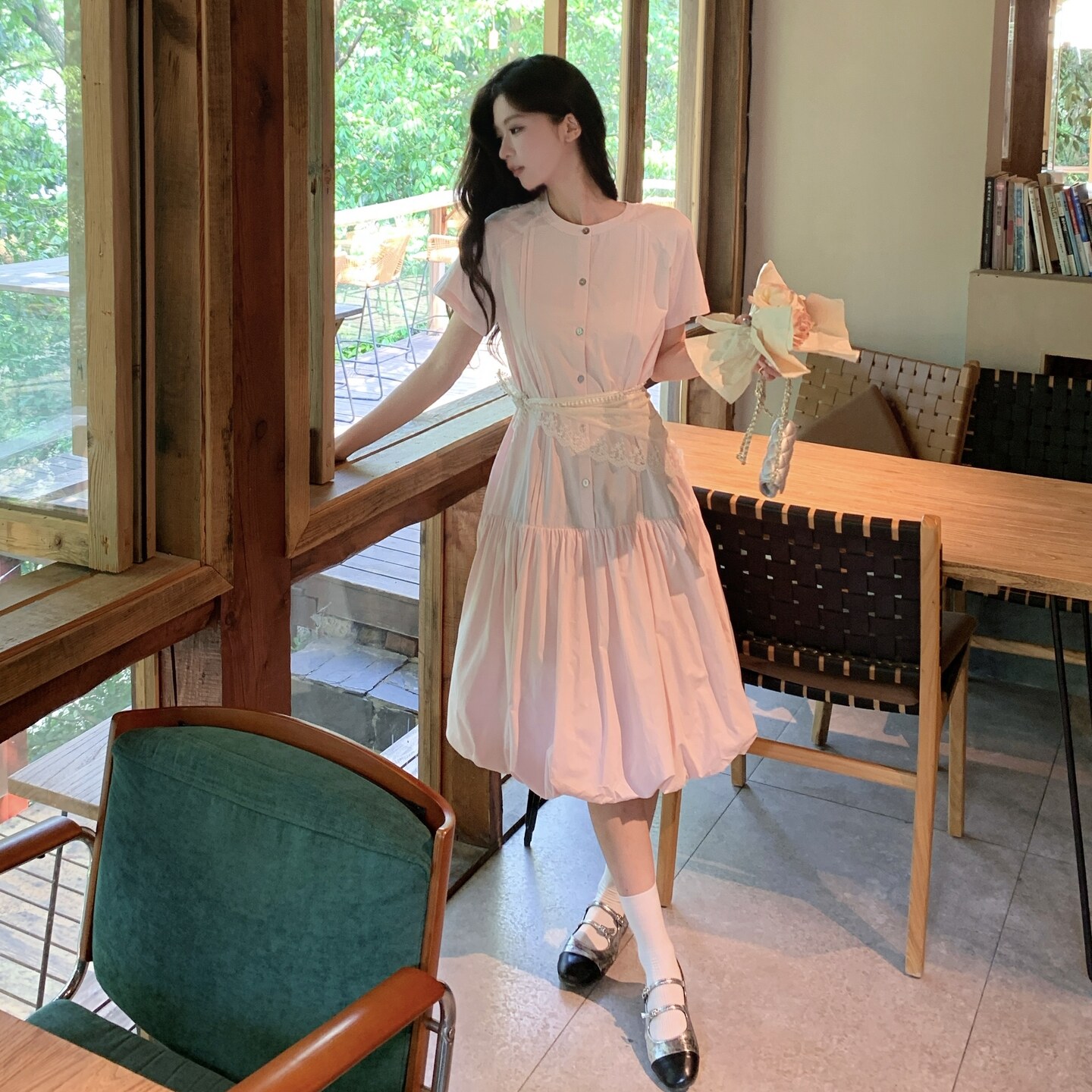 新品！日系大码显瘦粉色花苞连衣裙8333P145K198大貨主推,女装连衣裙,2C060