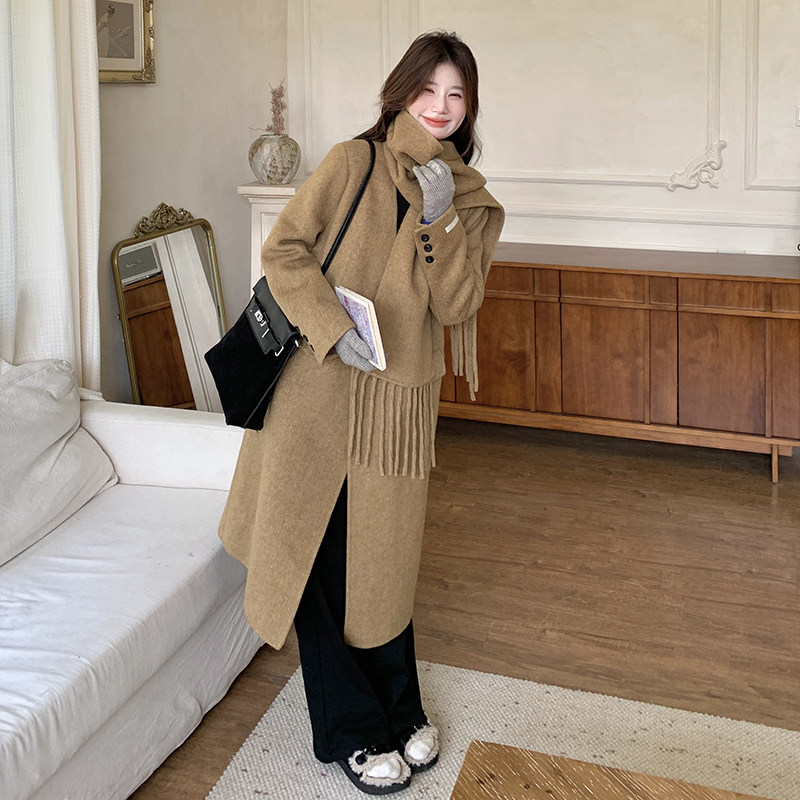 新品！双面羊绒中长款大衣送流苏围巾8313P240K358,女装毛呢外套,2C060