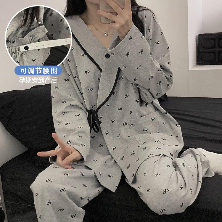 不带哺乳口孕妇睡衣春秋长袖系带家居服住院产检服产后月子服套装