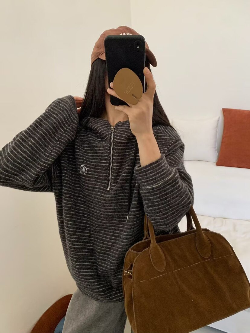 糯叽叽！刺绣条纹半拉链兔毛绒连帽卫衣女韩系宽松百搭套头上衣