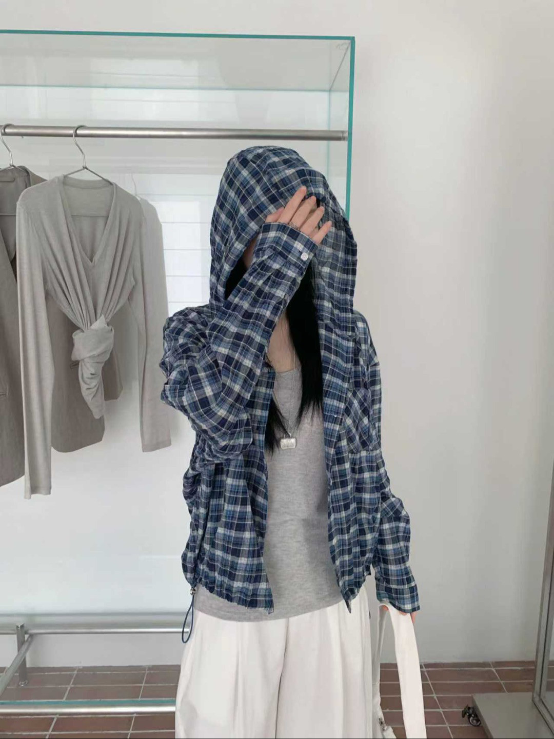 日单大厂出货！复古格纹连帽防晒衬衫女春季宽松廓形显瘦休闲衬衣