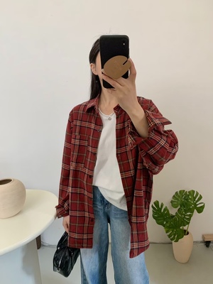 好穿W者！春季新款女装红色格子长袖衬衫女休闲慵懒风衬衣外套