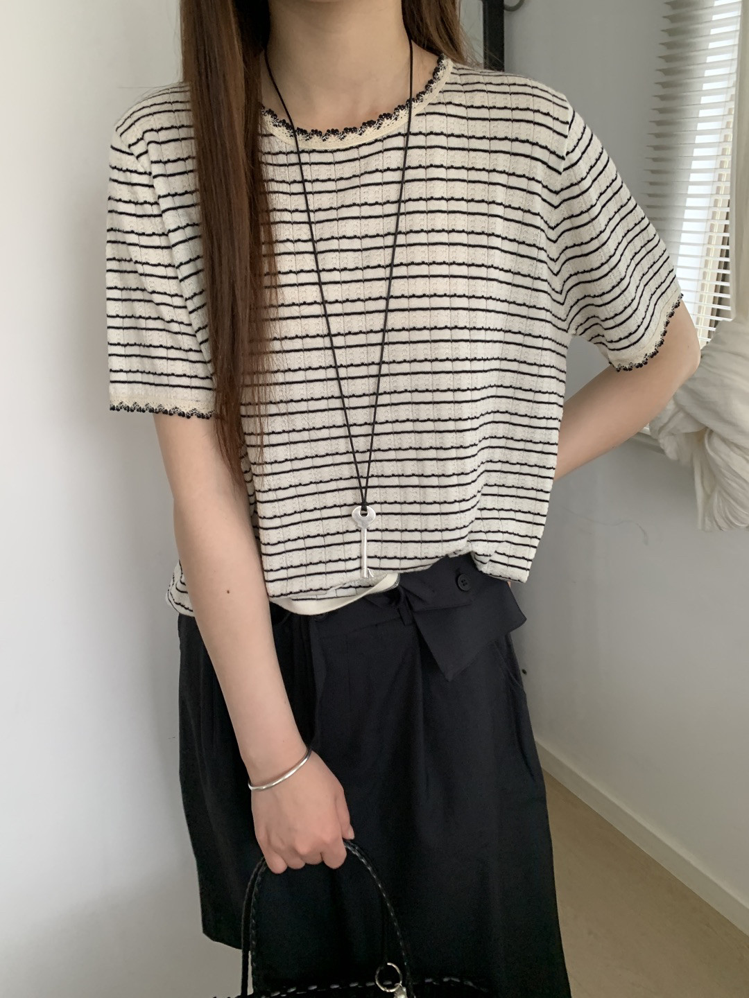 花边圆领套头后开扣横条纹短袖针织衫T恤女2026春季休闲减龄上衣