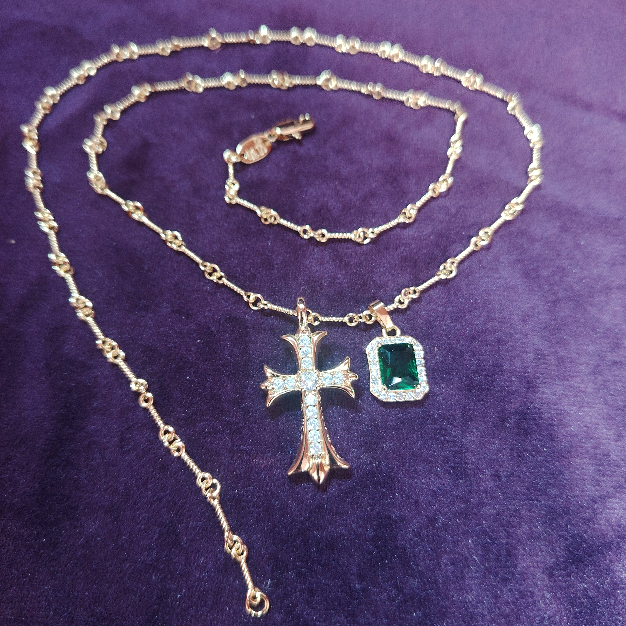 意大利中古定制925银镀金满钻十字架祖母绿双吊坠项链