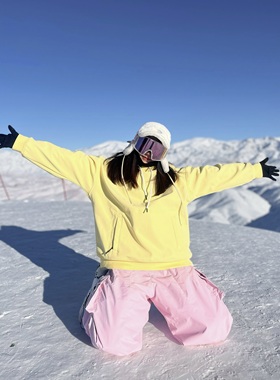 雪否 黄色单板连帽防水over size宽松加绒 透气室内滑雪卫衣