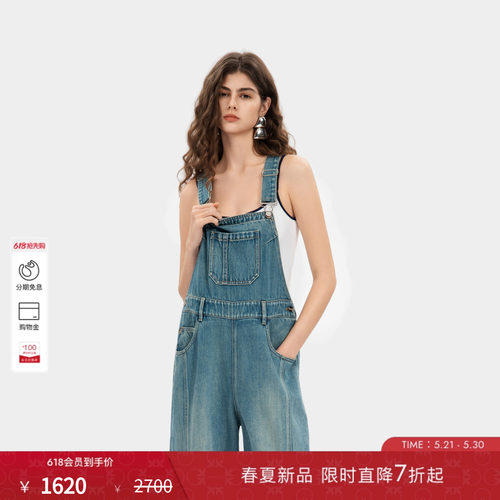 PINKO女士2026年夏季新款休闲洗水牛仔背带裤工装裤PAF26135812